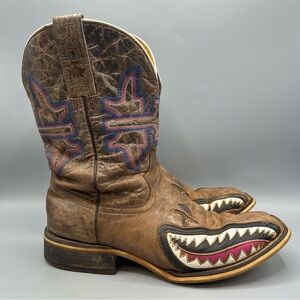 TIN HAUL "MAN EATER" WESTERN SQUARE TOE BOOT Women Size 9.5 Shark Bite Brown